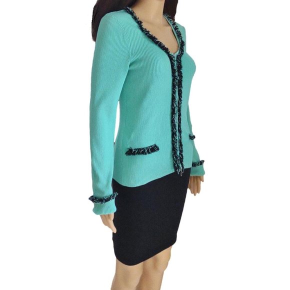 Cache Aqua Black Fringe Ribbed Zip Cardigan Sweater 6 S M - Picture 4 of 9